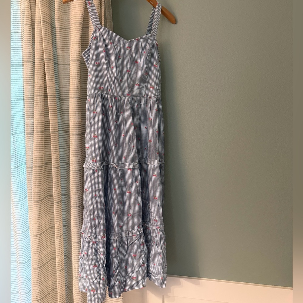 Japna blue white checkered cherry print dress size medium